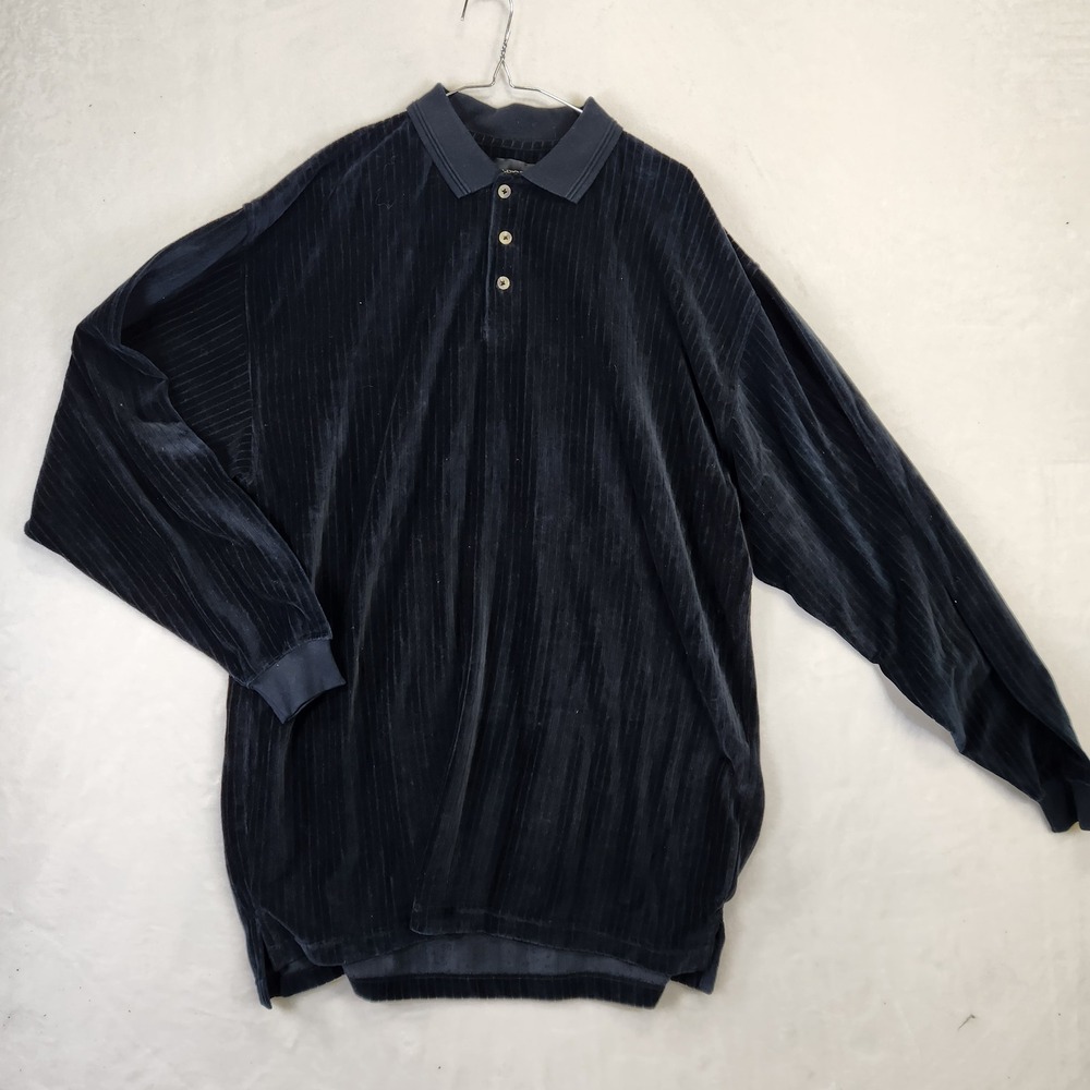 Evan-Picone Sport Mens XL Navy Blue Ribbed Velour Long Sleeve Polo Shirt‎